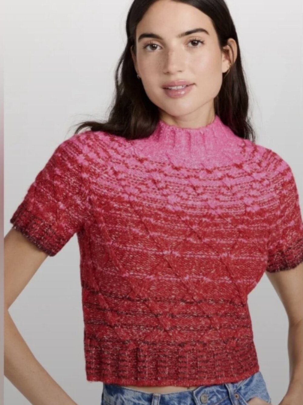Staud Young Cropped Red and Pink Ombre Short Sleeve Sweater size XS